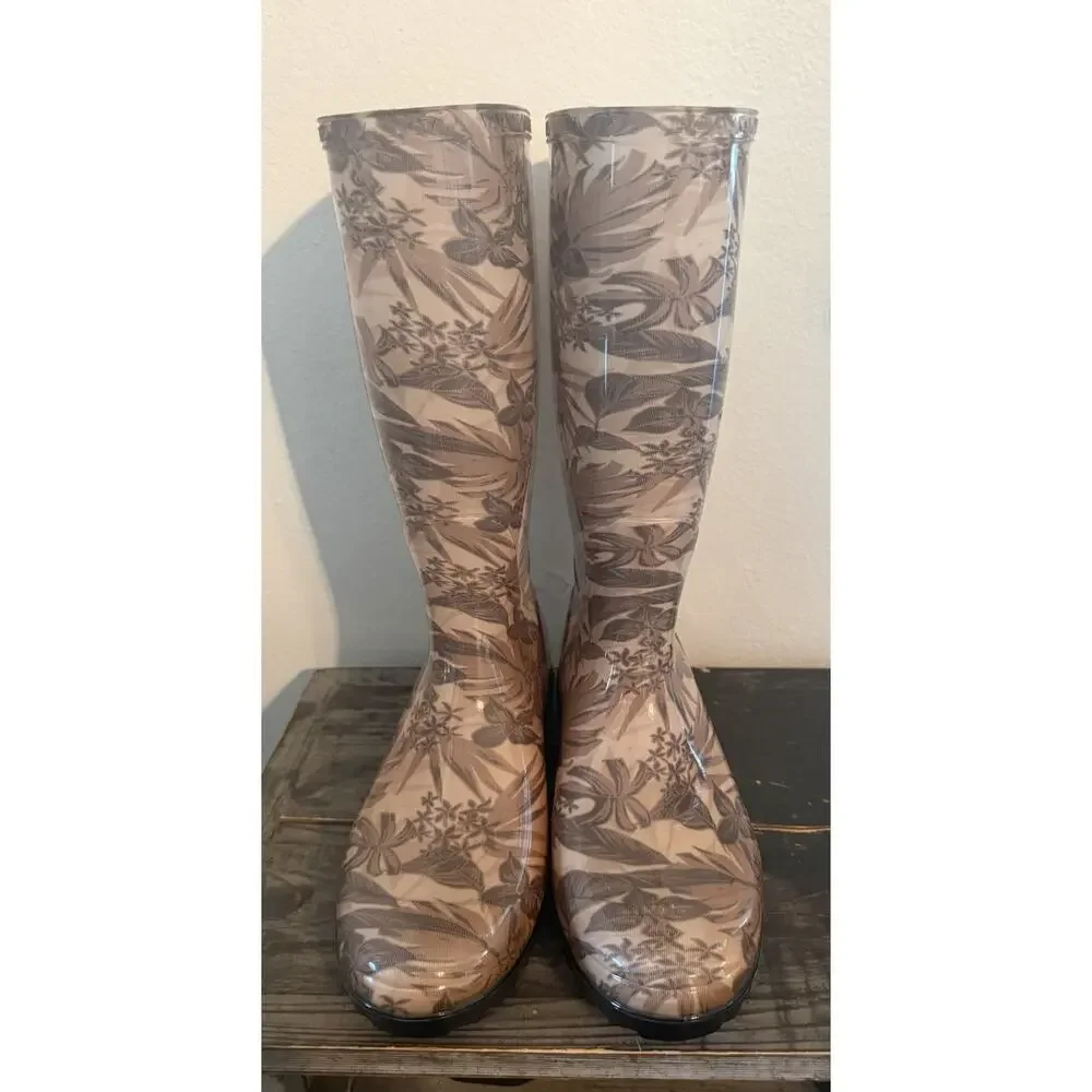 Ugg Women Boots Shaye Island Floral Rain Boot Tropical Asphalt Black Tan Size 9